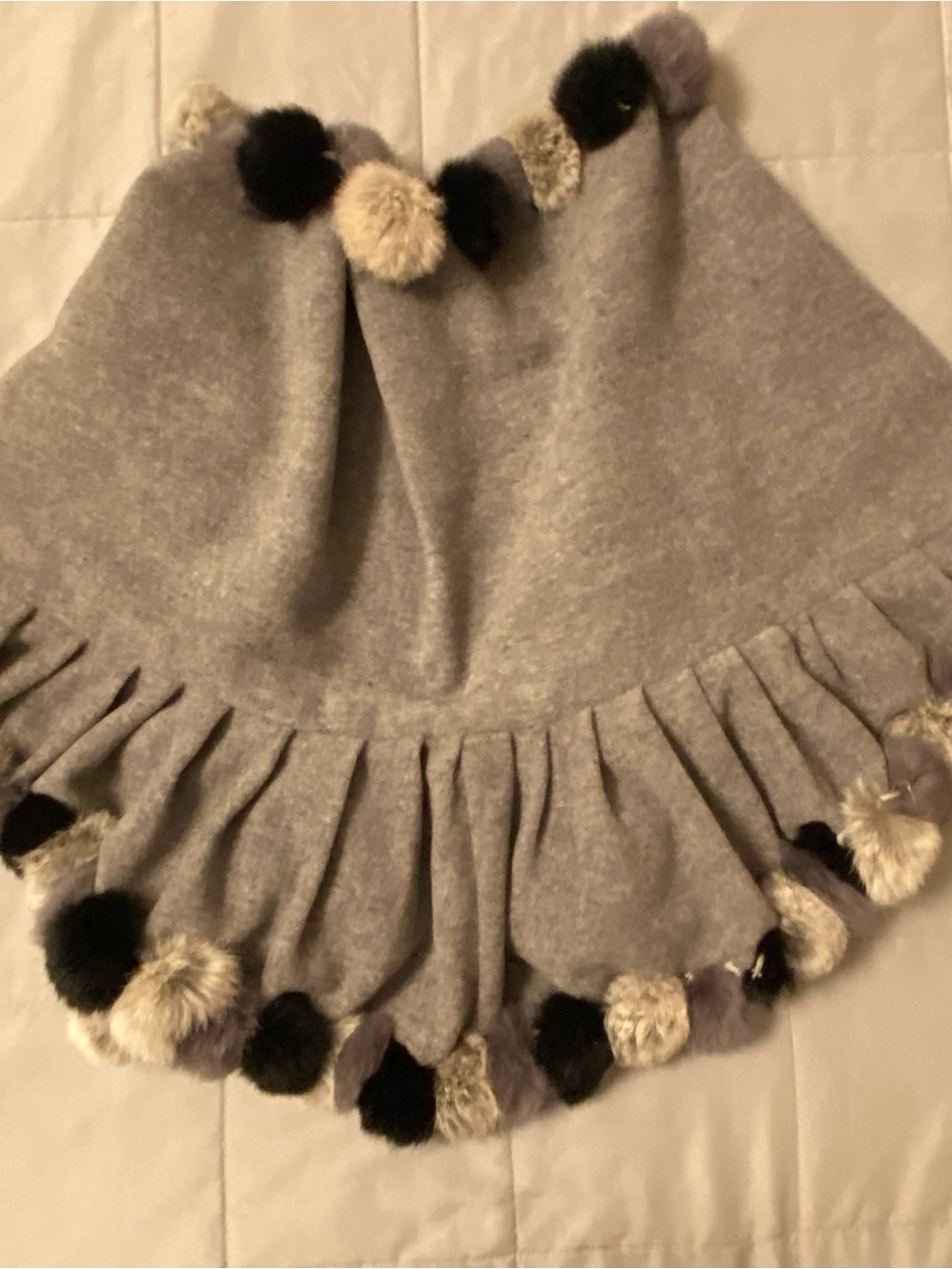 Gray Pom-Pom Rabbit Fur Cape Poncho - Soft Winter Layer